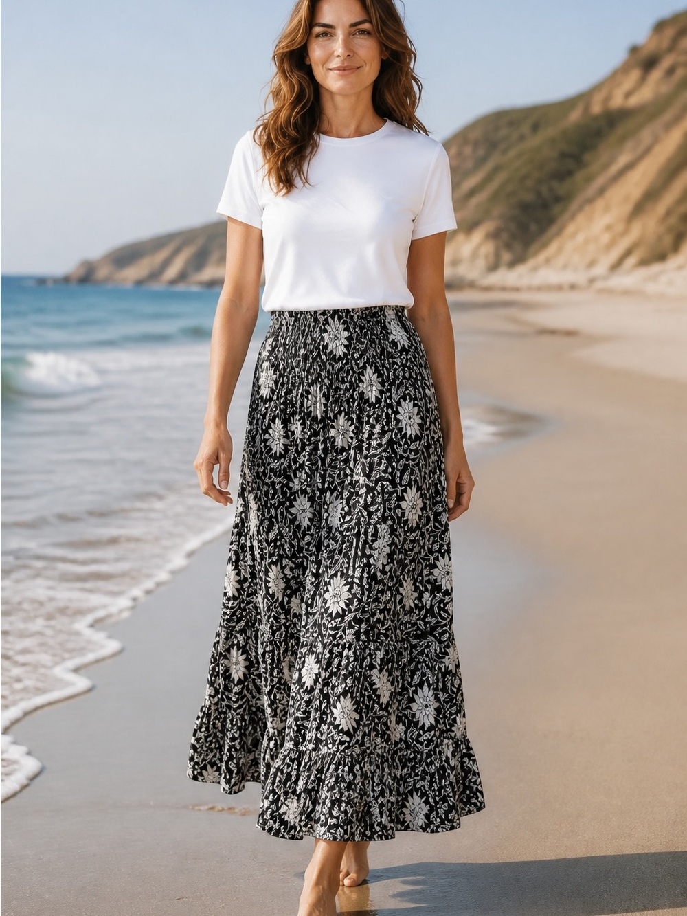 Black & White Floral Skirt with Elastic Smocked Waist